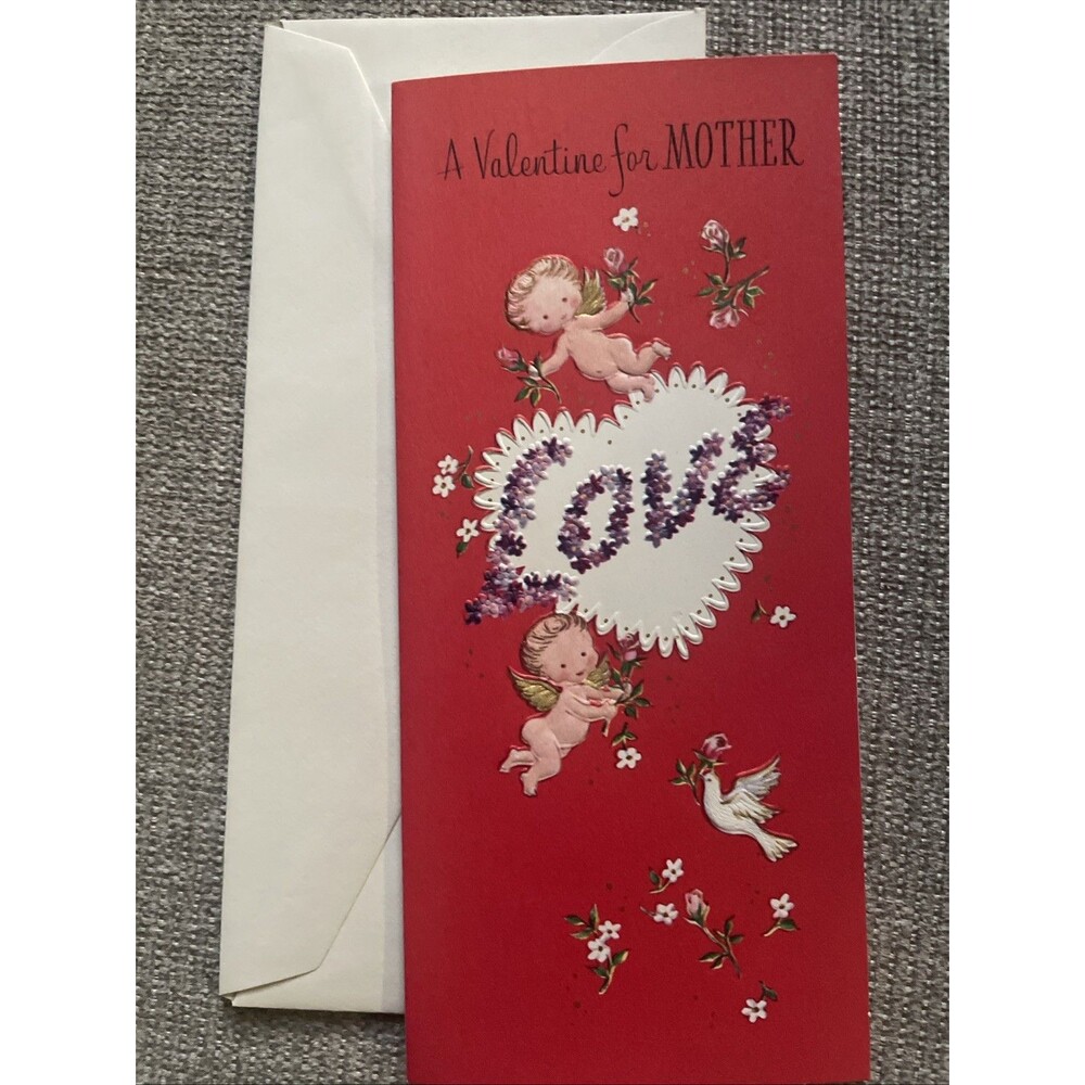 VTG Valentine Mom Cupid Doves Flowers Heart Card Rust Craft